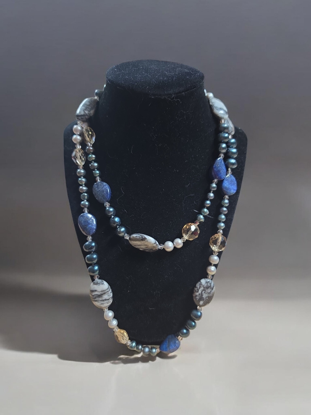 Elegant Blue & Gray Beaded Multi-Strand Necklace
